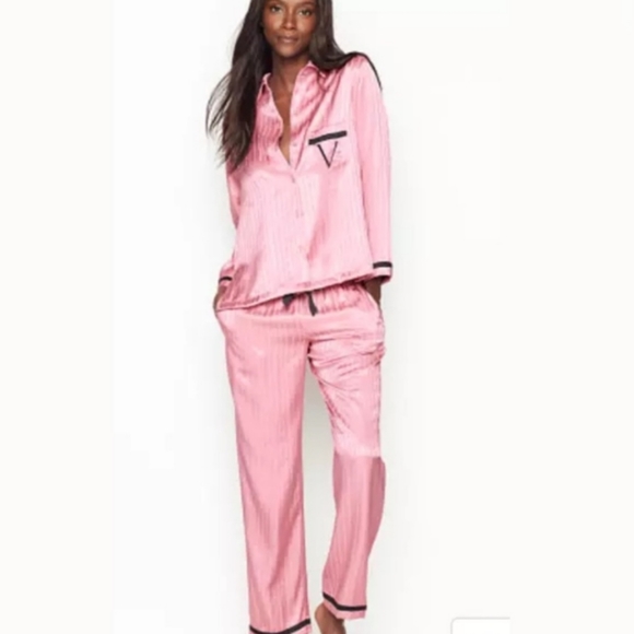 VS Satin Long Sleeve Button Up Pajama Set Black V Embroidery & Pink Pinstripe - Picture 3 of 10